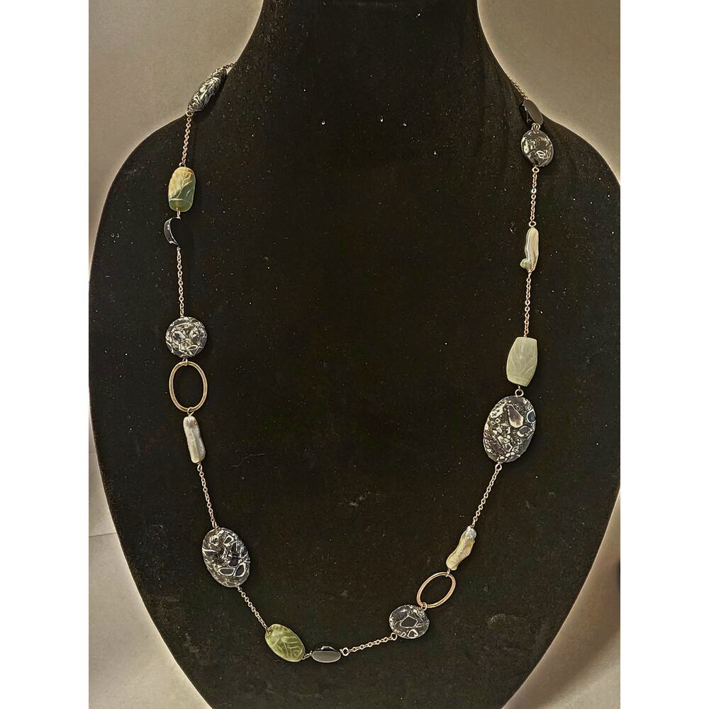 Black Agate, Green and White Stone, and Mother of Pearl Necklace